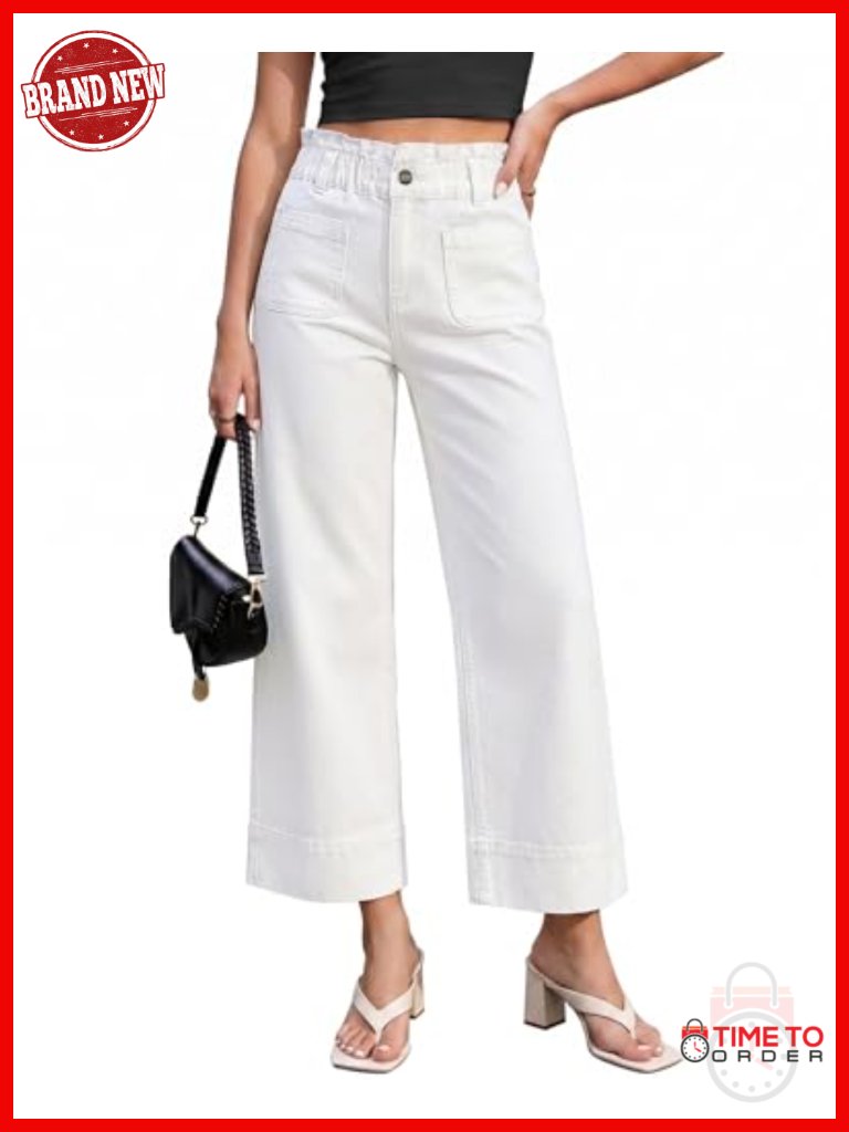 High Waisted Wide Leg Cropped Paper Bag Jeans With Pockets